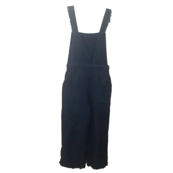 Zara Woman Premium Denim Wide  Leg Dark Wash Raw Hem Cropped Overalls M - Picture 2 of 14